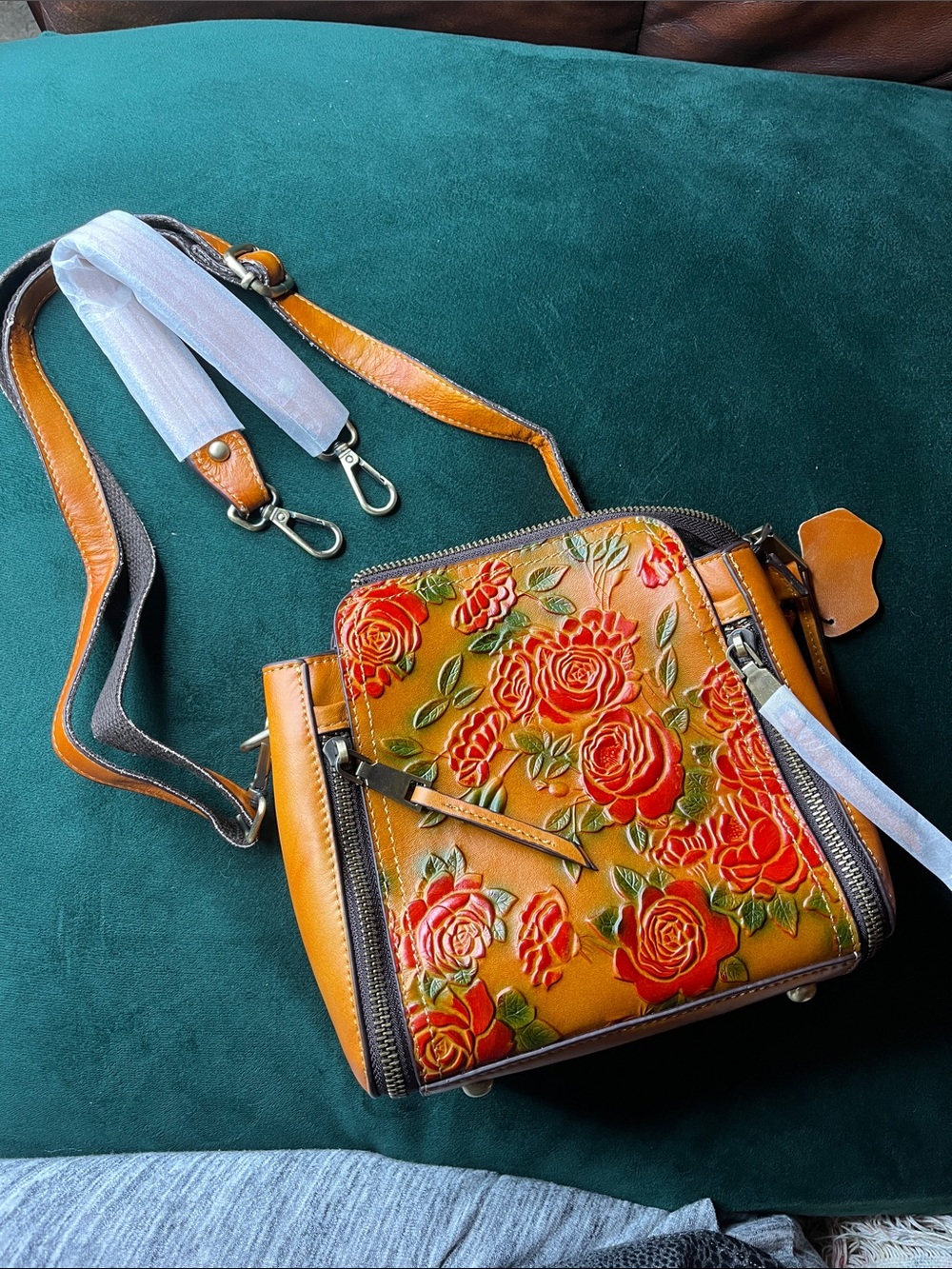 Orange Floral Embossed Leather Crossbody Bag - Women's Shoulder Bag - Picture 4 of 7